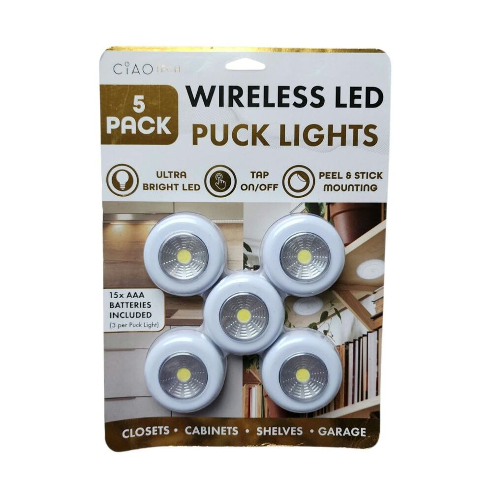 CIAO TECH Wireless LED Puck Lights 5 Pack Batteries Included Tap On Off Sealed